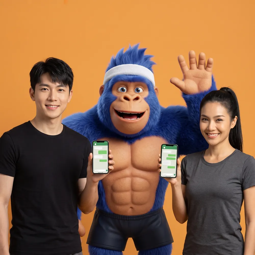 The FitPung gorilla waving while a man and a woman hold up phones showing a chat