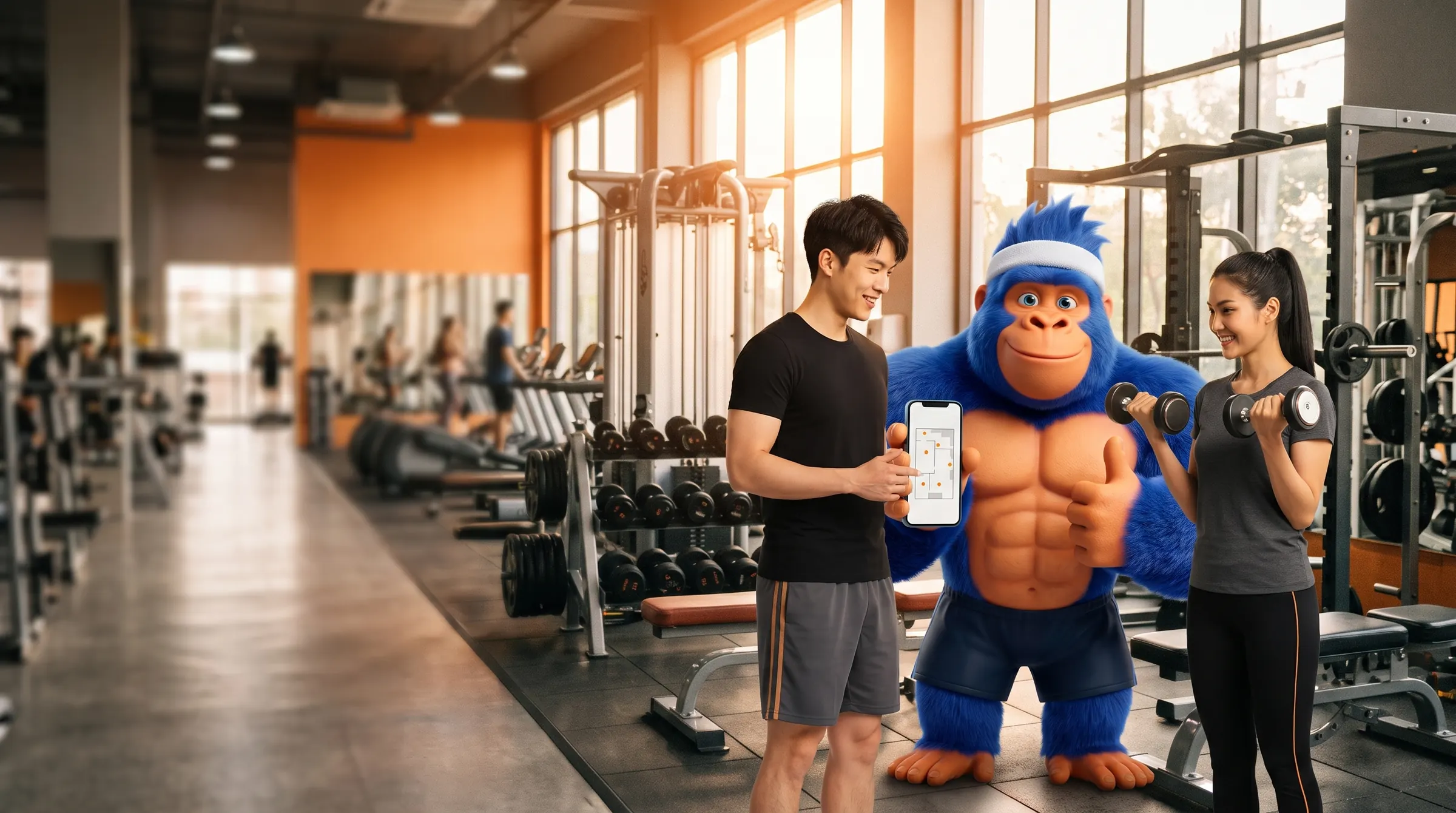 A man holding a phone with the gym map, a woman curling dumbbells and the FitPung gorilla giving a thumbs up between them in a bright gym
