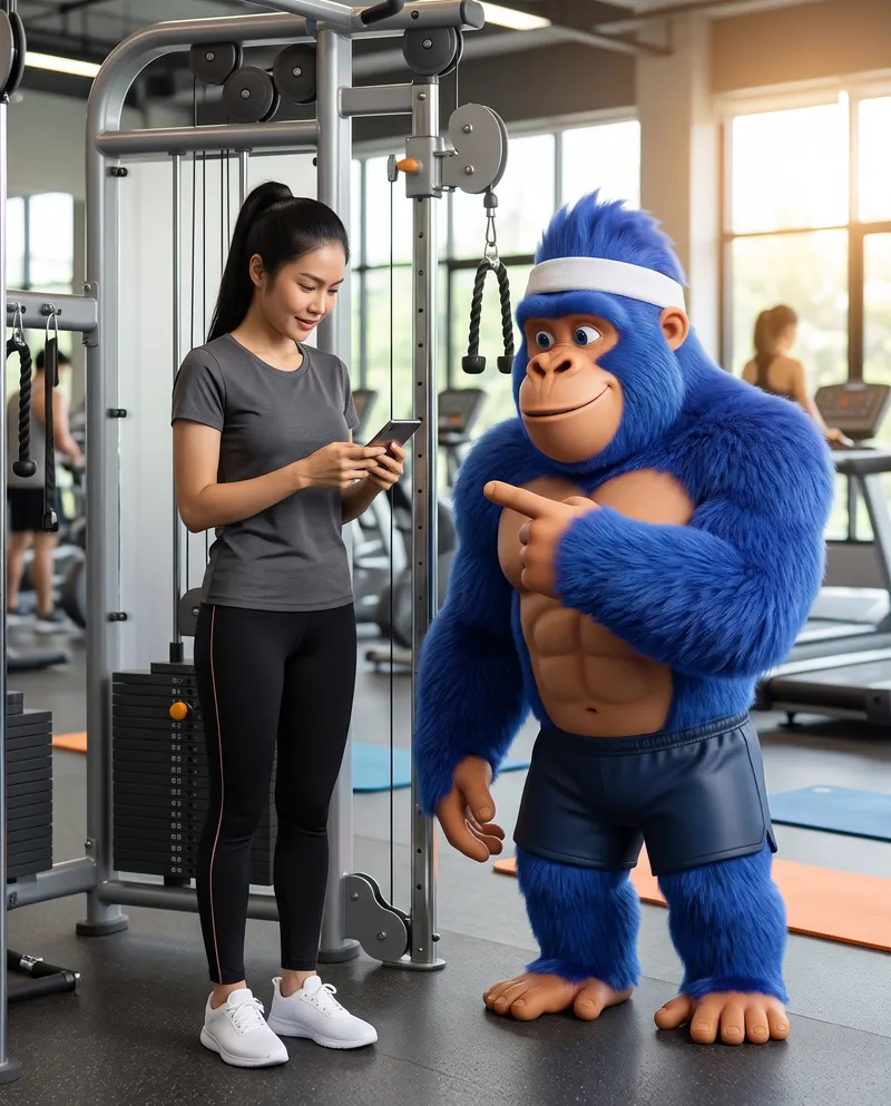 A woman checking the gym map on her phone next to a cable machine while the FitPung gorilla points at the machine