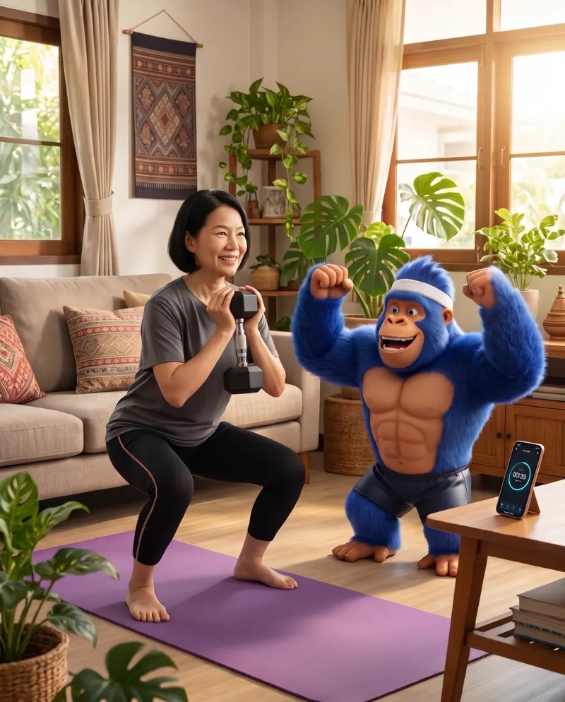 A woman doing goblet squats with a dumbbell in her living room while the FitPung gorilla cheers