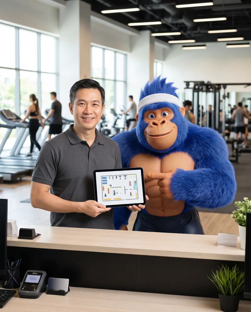A gym owner at the reception desk holding a tablet with the gym's floor plan while the FitPung gorilla points at it