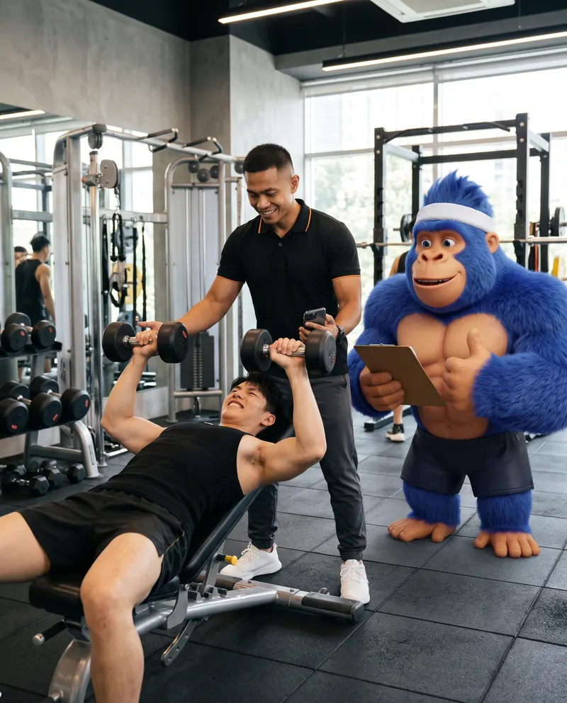 A trainer with a phone coaching a client on the dumbbell bench press while the FitPung gorilla holds a clipboard